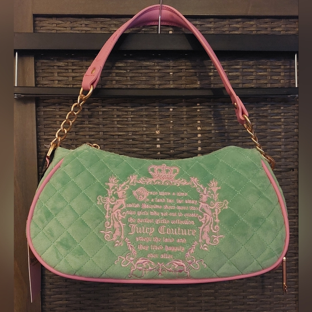 Juicy Couture Juicy Tale Pink & Retro Green Quilted Shoulder Purse Bag NWT